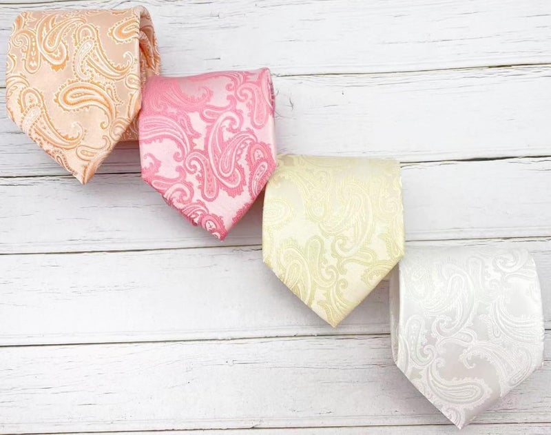 KissTies Peach Tie Set Paisley Necktie Pocket Square + Gift Box - Image 4